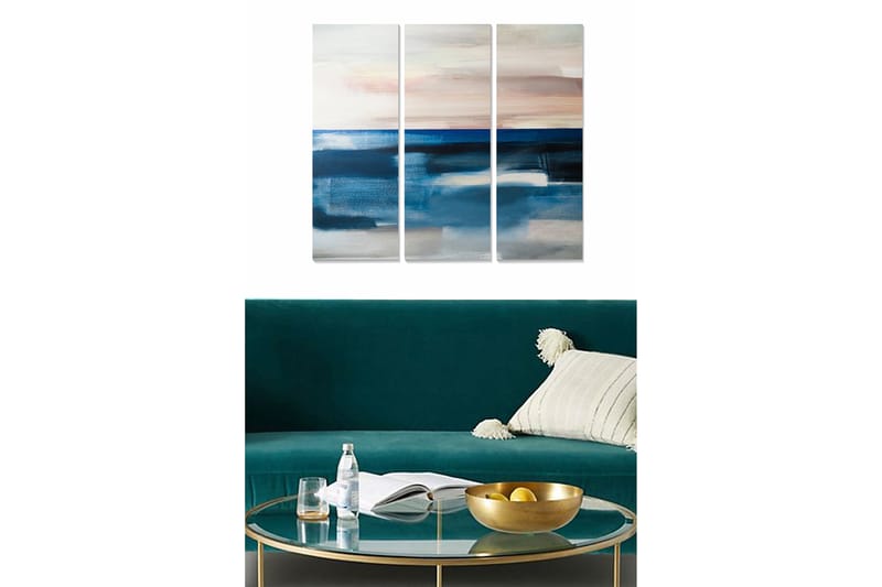 Canvastavla i trä 3-delar 50x70 cm - Abstrakt havslandskap med mjuka färgövergångar - Mörkblå / Ljusblå / Beige - Inredning - Tavlor & konst - Canvastavlor