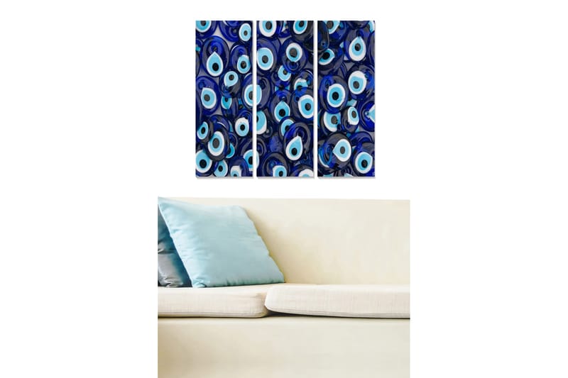Canvastavla i trä 3-delar 50x70 cm - Abstrakt komposition med ögonliknande former - Mörkblå / Ljusblå / Vit - Inredning - Tavlor & konst - Canvastavlor