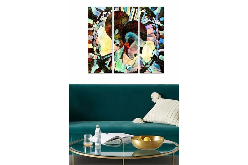 Canvastavla i trä 3-delar 50x70 cm - Abstrakt komposition med ansiktsmotiv, Mörkbrun / Ljusgrön / Beige