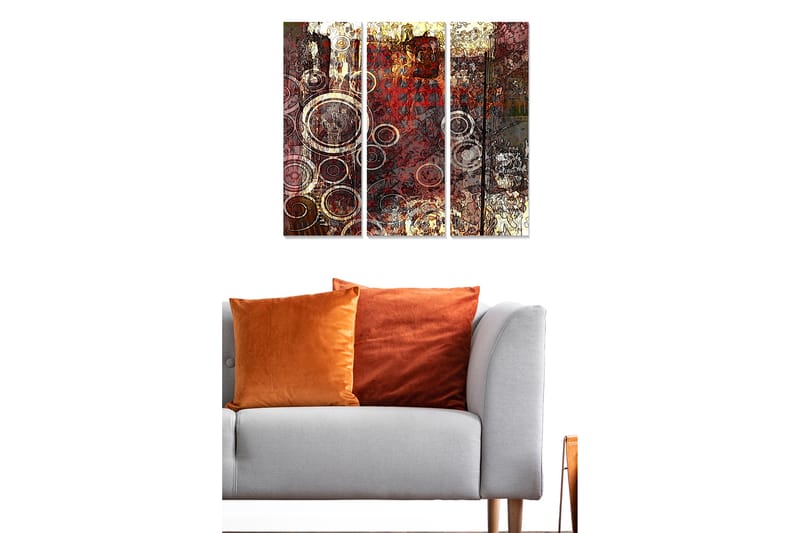 Canvastavla i trä 3-delar 50x70 cm - Abstrakt komposition med cirkulära former - Röd / Brun / Guld - Inredning - Tavlor & konst - Canvastavlor
