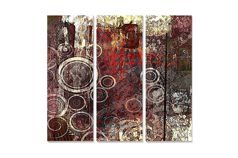 Canvastavla i trä 3-delar 50x70 cm - Abstrakt komposition med cirkulära former - Röd / Brun / Guld - Inredning - Tavlor & konst - Canvastavlor