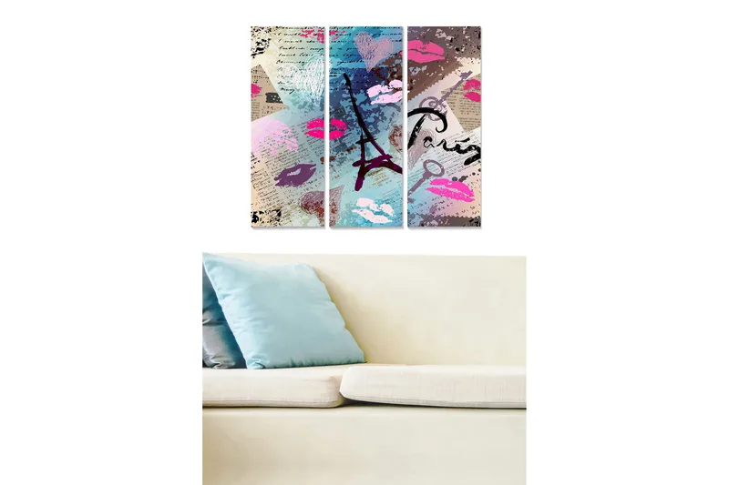 Canvastavla i trä 3-delar 50x70 cm - Abstrakt komposition med Eiffeltornet och läppstiftsavtryck, Rosa / Blå / Lila
