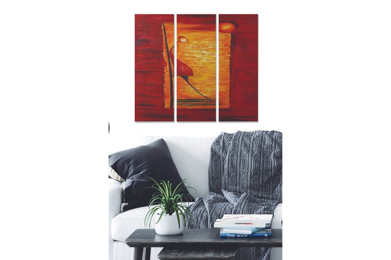 Canvastavla i trä 3-delar 50x70 cm - Abstrakt komposition med en stiliserad figur och geometriska former, Röd / Orange / Gul