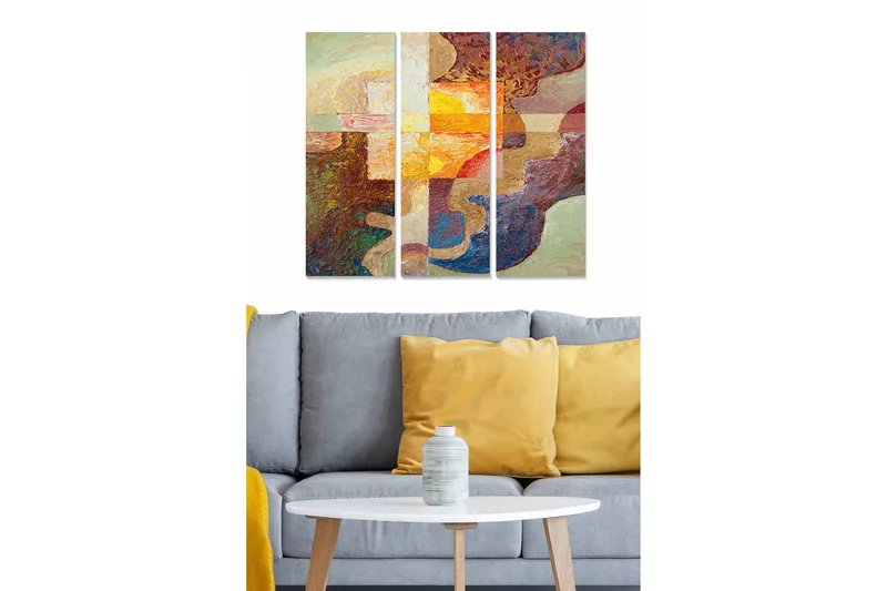 Canvastavla i trä 3-delar 50x70 cm - Abstrakt komposition med färgade former och texturer, Röd / Beige / Blå