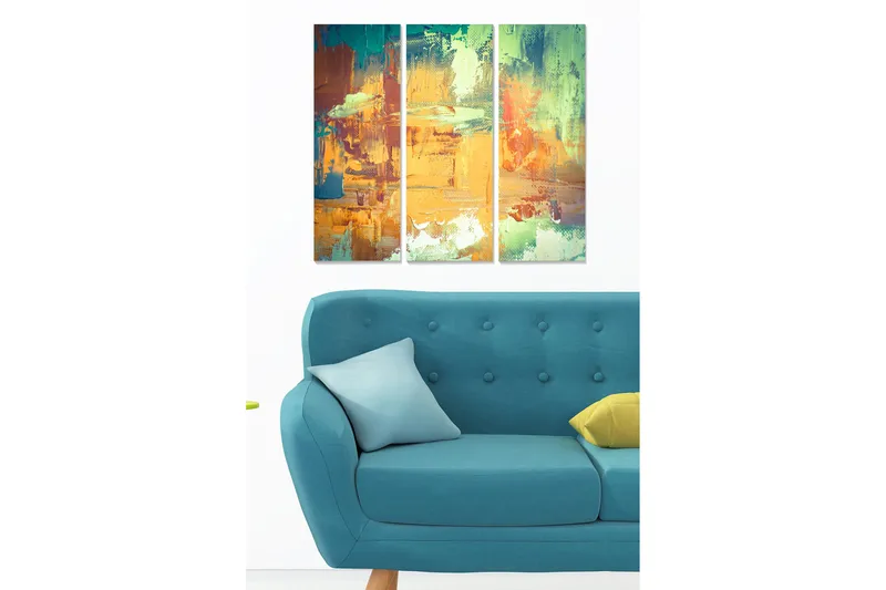 Canvastavla i trä 3-delar 50x70 cm - Abstrakt komposition med färgglada penseldrag, Orange / Grön / Blå