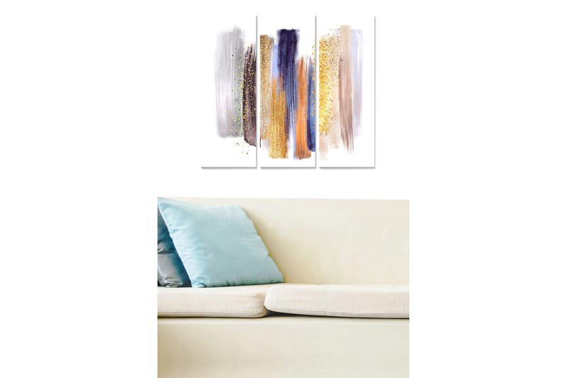 Canvastavla i trä 3-delar 50x70 cm - Abstrakt komposition med färgglada penseldrag och glittrande detaljer, Lila / Guld / Beige