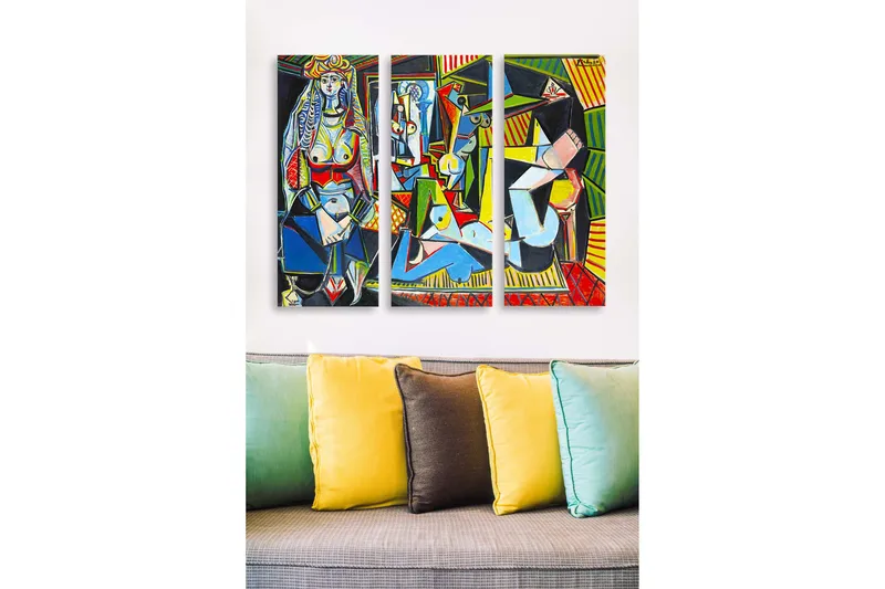 Canvastavla i trä 3-delar 50x70 cm - Abstrakt komposition med figurer och geometriska former, Blå / Röd / Grön