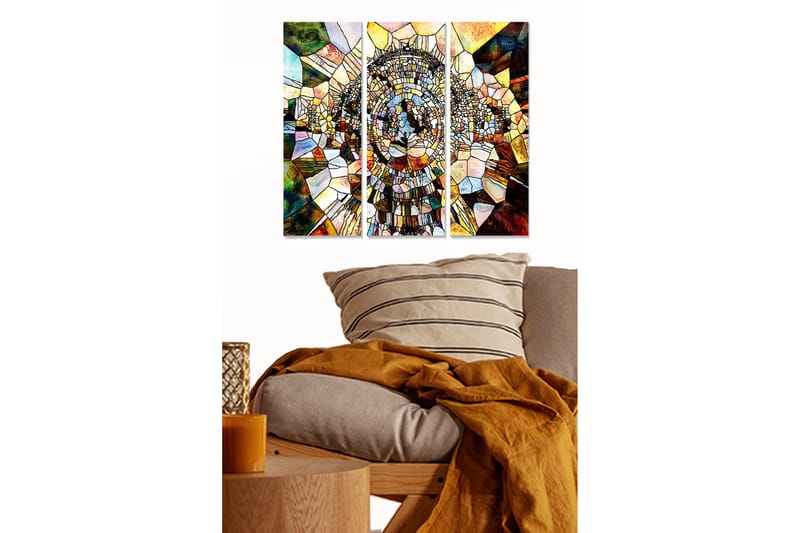 Canvastavla i trä 3-delar 50x70 cm - Abstrakt komposition med geometriska former i en spiralstruktur - Guld / Brunt / Grönt - Inredning - Tavlor & konst - Canvastavlor