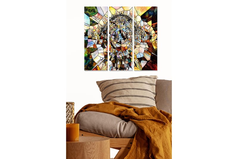 Canvastavla i trä 3-delar 50x70 cm - Abstrakt komposition med geometriska former i en spiralstruktur, Guld / Brunt / Grönt