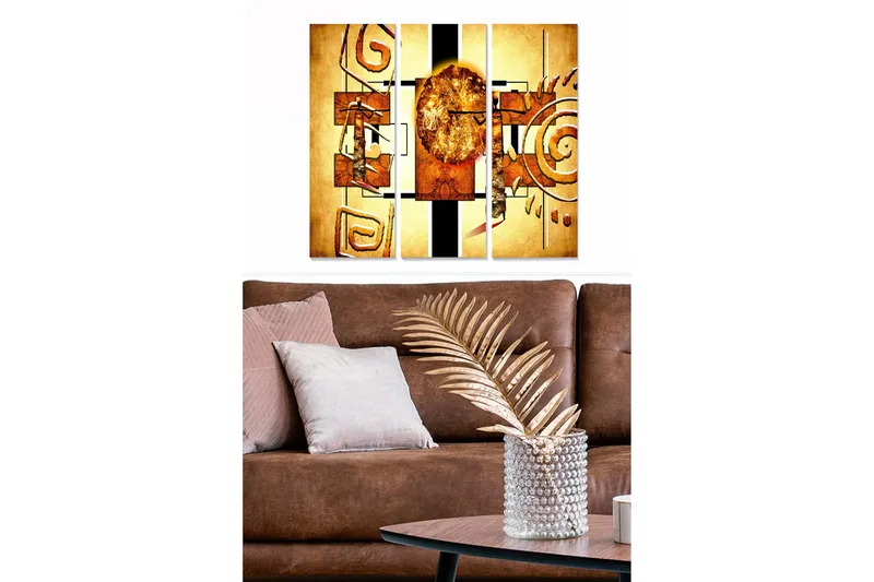 Canvastavla i trä 3-delar 50x70 cm - Abstrakt komposition med geometriska former och en solsymbolik - Guld / Brunt / Svart - Inredning - Tavlor & konst - Canvastavlor