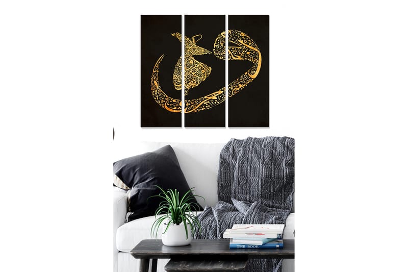 Canvastavla i trä 3-delar 50x70 cm - Abstrakt komposition med gyllene mönster på svart bakgrund - Guld / Svart - Inredning - Tavlor & konst - Canvastavlor