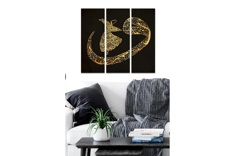 Canvastavla i trä 3-delar 50x70 cm - Abstrakt komposition med gyllene mönster på svart bakgrund, Guld / Svart