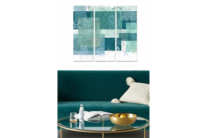 Canvastavla i trä 3-delar 50x70 cm - Abstrakt komposition med havsmotiv och geometriska former, Turkos / Mintgrön / Vit