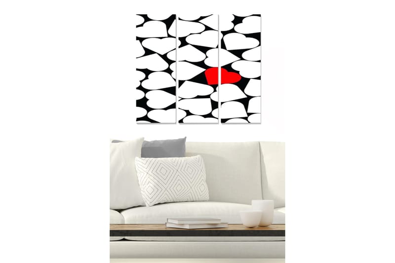 Canvastavla i trä 3-delar 50x70 cm - Abstrakt komposition med hjärtformade element, Röd / Svart / Vit