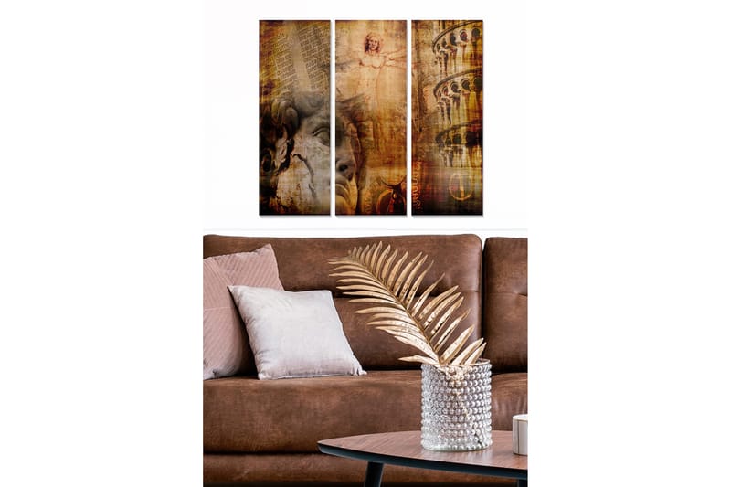 Canvastavla i trä 3-delar 50x70 cm - Abstrakt komposition med klassiska element och ansikten, Brunt / Guld / Beige