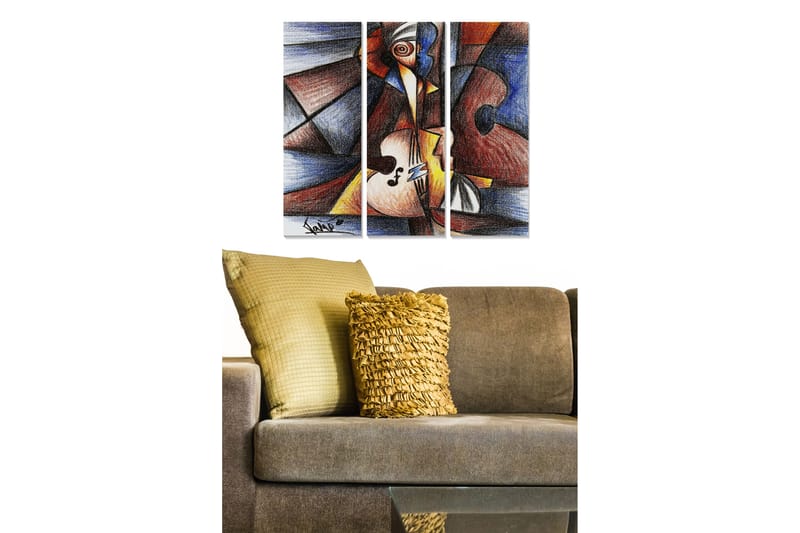 Canvastavla i trä 3-delar 50x70 cm - Abstrakt komposition med musikinstrument och geometriska former - Mörkblå / Röd / Beige - Inredning - Tavlor & konst - Canvastavlor