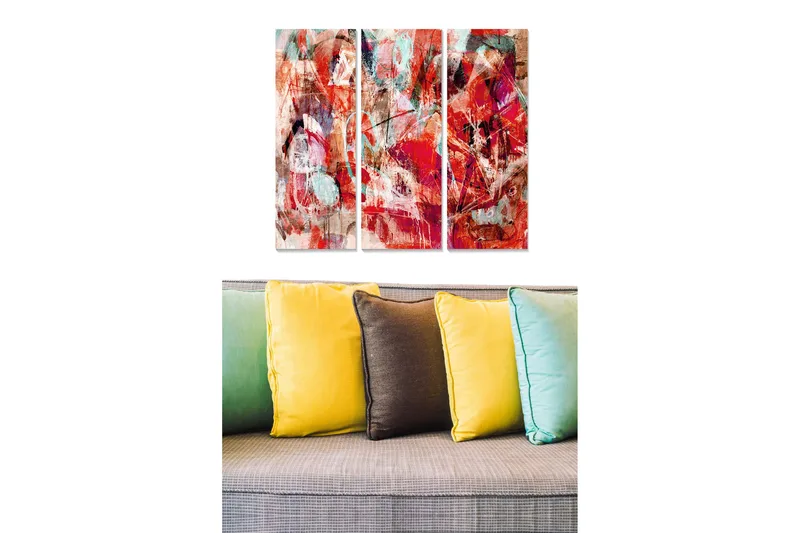 Canvastavla i trä 3-delar 50x70 cm - Abstrakt komposition med röda och blå nyanser, Röd / Turkos