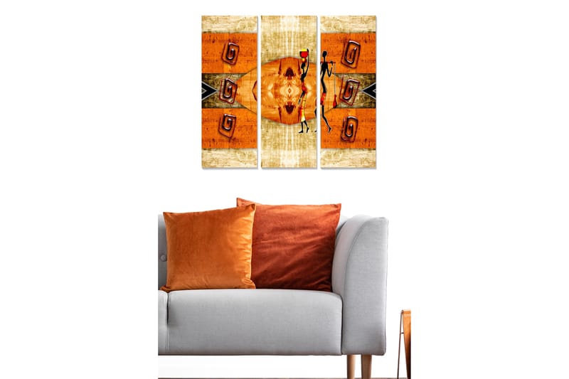 Canvastavla i trä 3-delar 50x70 cm - Abstrakt komposition med stiliserade figurer och geometriska mönster - Orange / Svart / Beige - Inredning - Tavlor & konst - Canvastavlor