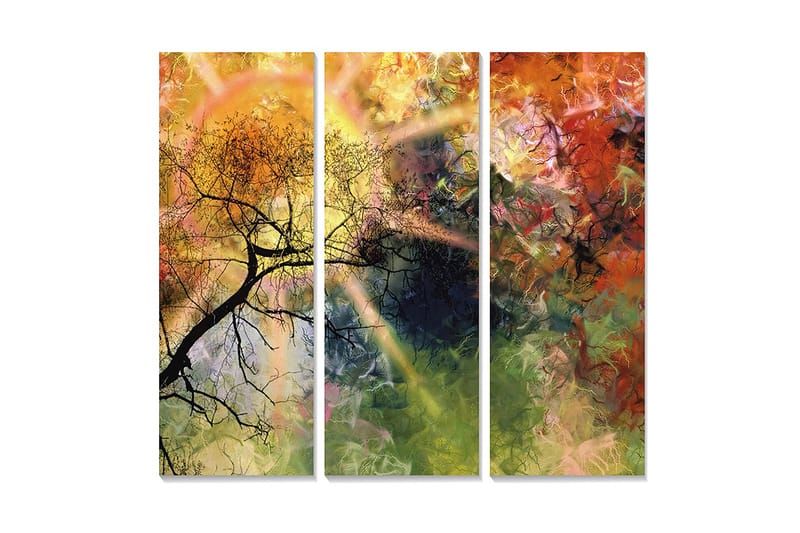 Canvastavla i trä 3-delar 50x70 cm - Abstrakt landskap med silhuett av trädgrenar - Guld / Grön / Orange - Inredning - Tavlor & konst - Canvastavlor