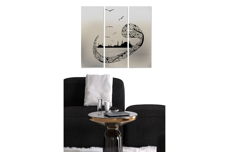 Canvastavla i trä 3-delar 50x70 cm - Abstrakt landskap med stiliserade fåglar och silhuetter av byggnader - Svart / Grå - Inredning - Tavlor & konst - Canvastavlor