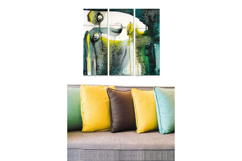 Canvastavla i trä 3-delar 50x70 cm - Abstrakt porträtt med ögon och flytande former - Mörkgrön / Gul / Vit - Inredning - Tavlor & konst - Canvastavlor