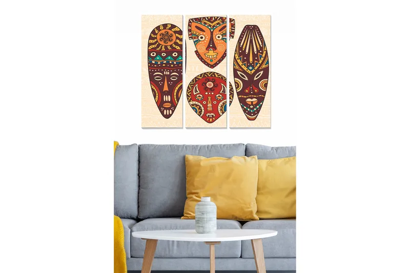 Canvastavla i trä 3-delar 50x70 cm - Abstrakta ansikten i färgglada masker, Röd / Brun / Blå