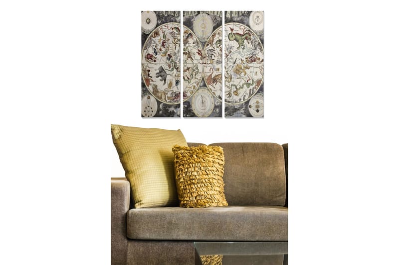 Canvastavla i trä 3-delar 50x70 cm - Astrologisk karta med djur och stjärntecken, Grå / Beige / Grön