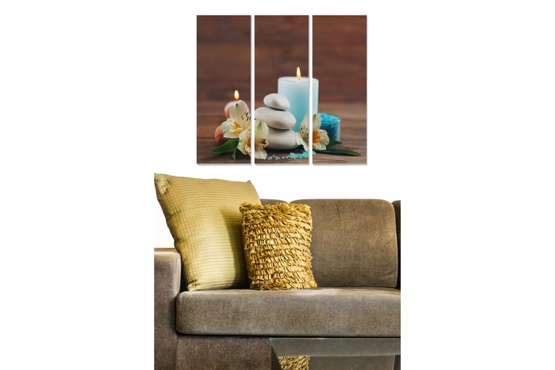 Canvastavla i trä 3-delar 50x70 cm - Avkopplande stillhet med ljus, stenar och blommor - Vit / Ljusblå / Grön - Inredning - Tavlor & konst - Canvastavlor