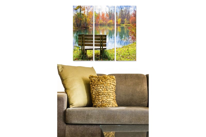 Canvastavla i trä 3-delar 50x70 cm - Bänk vid en spegelblanka sjö omgiven av höstfärger, Grön / Orange / Blå