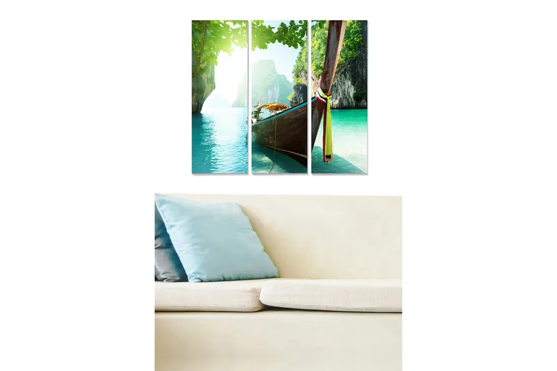 Canvastavla i trä 3-delar 50x70 cm - Båt vid en tropisk strand med klara, turkosa vatten, Turkos / Grön / Brun