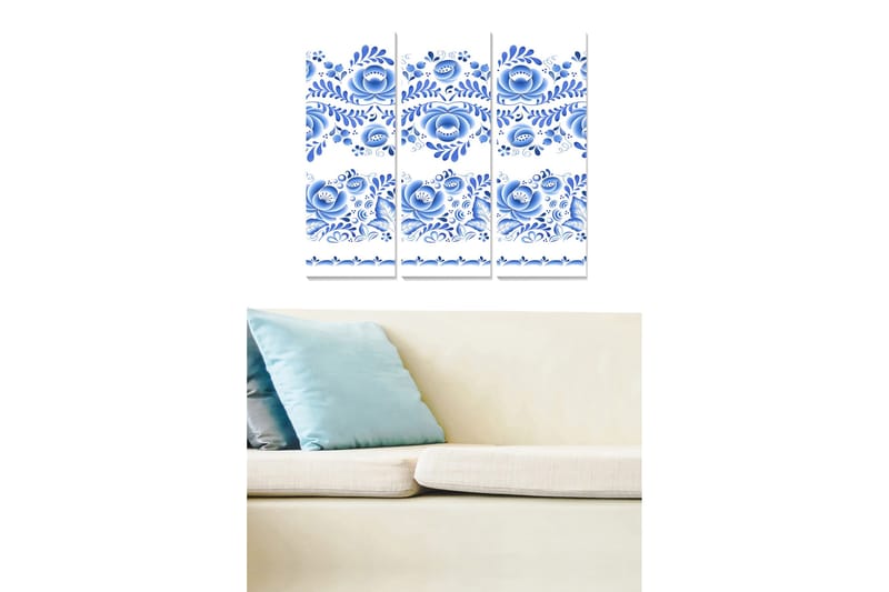 Canvastavla i trä 3-delar 50x70 cm - Blå blommönster i dekorativ stil, Blå / Vit