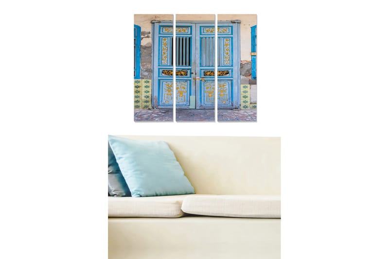Canvastavla i trä 3-delar 50x70 cm - Blå dörr med dekorativa detaljer och mönster, Blå / Gul / Grön