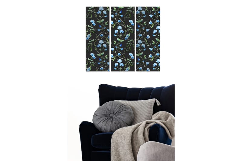 Canvastavla i trä 3-delar 50x70 cm - Blommönster med blå ärtor på svart bakgrund - Blå / Grön / Svart - Inredning - Tavlor & konst - Canvastavlor