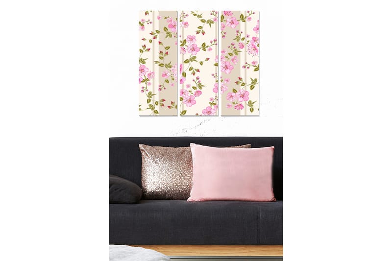Canvastavla i trä 3-delar 50x70 cm - Blommönster med rosa blommor och gröna blad - Rosa / Grön / Beige - Inredning - Tavlor & konst - Canvastavlor