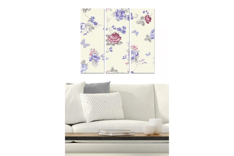 Canvastavla i trä 3-delar 50x70 cm - Blommönster med rosa och blå nyanser, Rosa / Blå / Grå