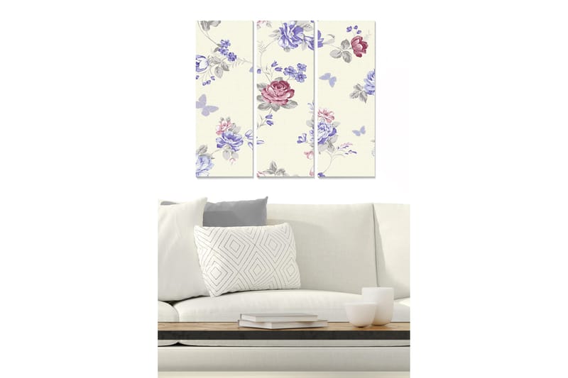 Canvastavla i trä 3-delar 50x70 cm - Blommönster med rosa och blå nyanser, Rosa / Blå / Grå