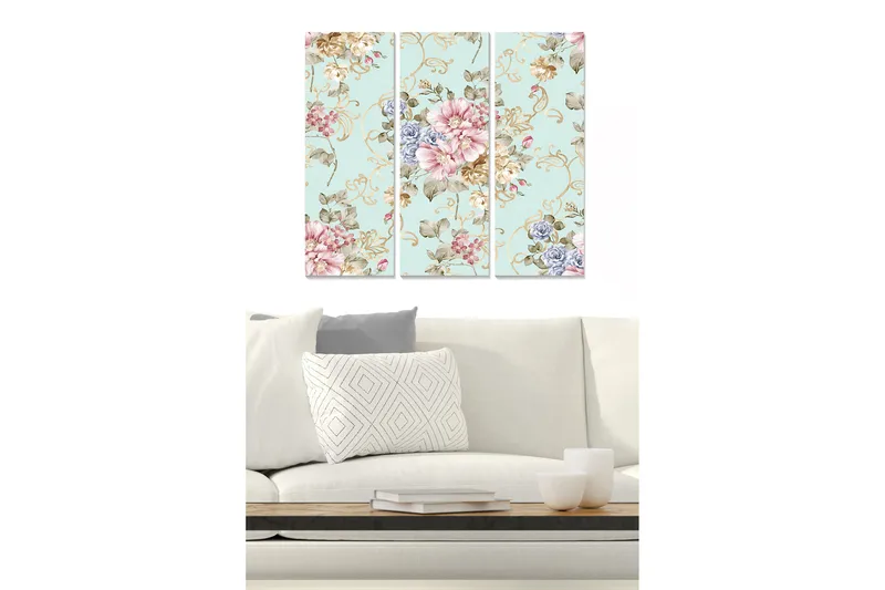 Canvastavla i trä 3-delar 50x70 cm - Blommönster med pastellfärger och eleganta detaljer, Ljusblå / Rosa / Beige