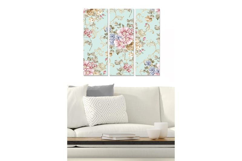 Canvastavla i trä 3-delar 50x70 cm - Blommönster med pastellfärger och eleganta detaljer, Ljusblå / Rosa / Beige