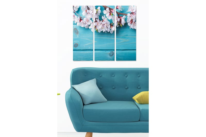 Canvastavla i trä 3-delar 50x70 cm - Blommande körsbärsgrenar mot en turkos bakgrund, Turkos / Vit / Rosa