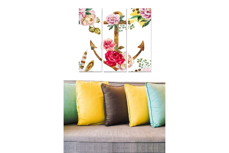 Canvastavla i trä 3-delar 50x70 cm - Blommig ankare med färgglada blommor och gröna blad - Rosa / Grön / Gul - Inredning - Tavlor & konst - Canvastavlor
