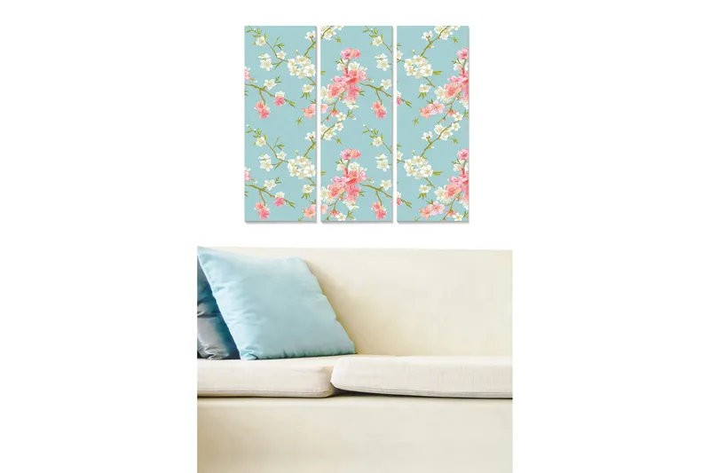 Canvastavla i trä 3-delar 50x70 cm - Blommig komposition med rosa och vita blommor på ljusblå bakgrund - Ljusblå / Rosa / Vit - Inredning - Tavlor & konst - Canvastavlor