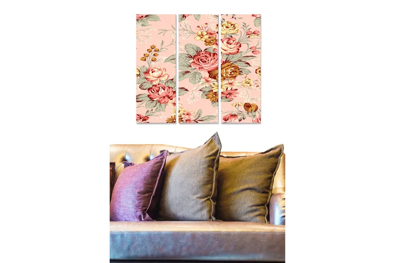 Canvastavla i trä 3-delar 50x70 cm - Blommig komposition med rosor och gröna blad, Rosa / Röd / Grön