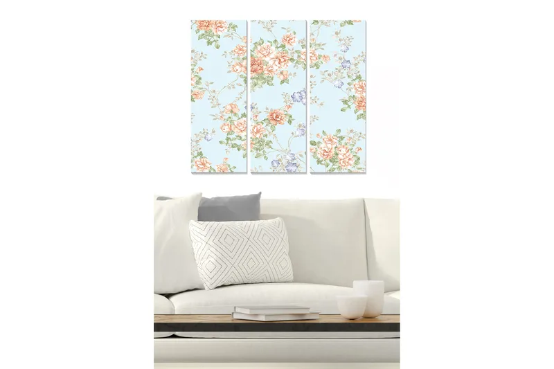 Canvastavla i trä 3-delar 50x70 cm - Blommig komposition med rosor och små blommor, Ljusblå / Korall / Grön