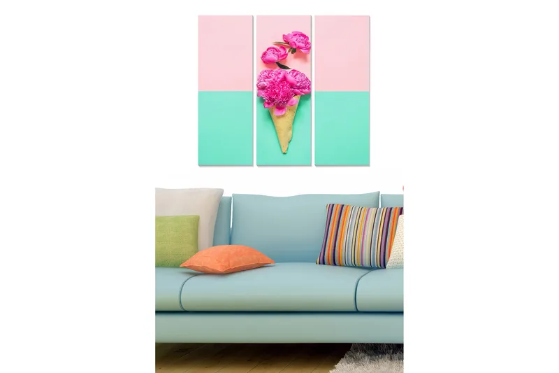 Canvastavla i trä 3-delar 50x70 cm - Blommor i en glasskon med pastellfärgad bakgrund, Rosa / Mintgrön