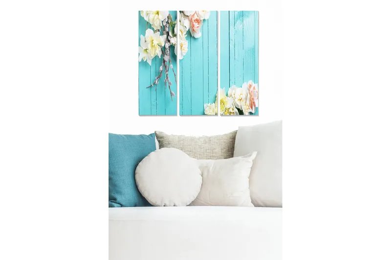 Canvastavla i trä 3-delar 50x70 cm - Blommor mot en turkos bakgrund, Turkos / Vit / Rosa