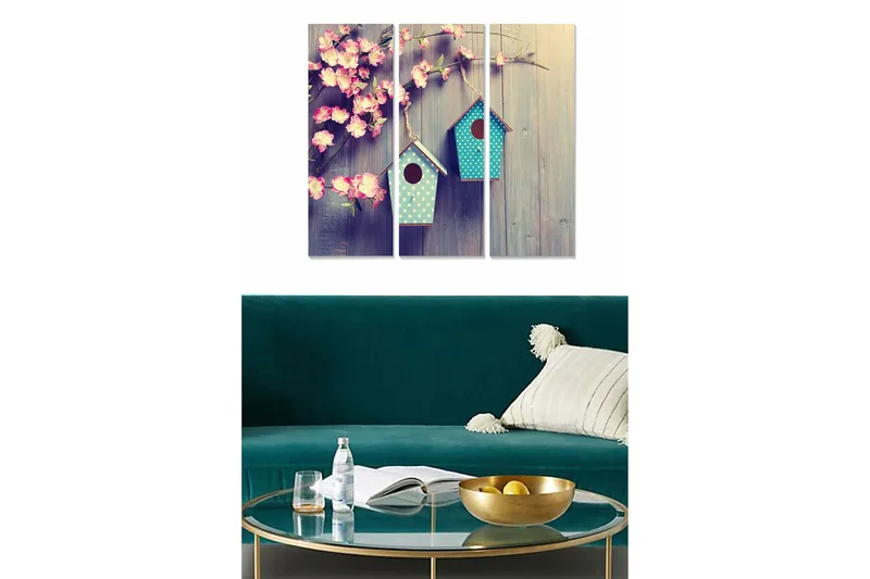 Canvastavla i trä 3-delar 50x70 cm - Blommor och fågelholkar på en träbakgrund, Rosa / Turkos / Beige