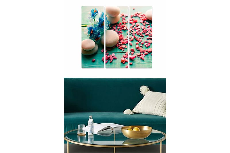 Canvastavla i trä 3-delar 50x70 cm - Blommor och stenar på en turkos bakgrund med rosa dekorationer - Turkos / Rosa / Beige - Inredning - Tavlor & konst - Canvastavlor