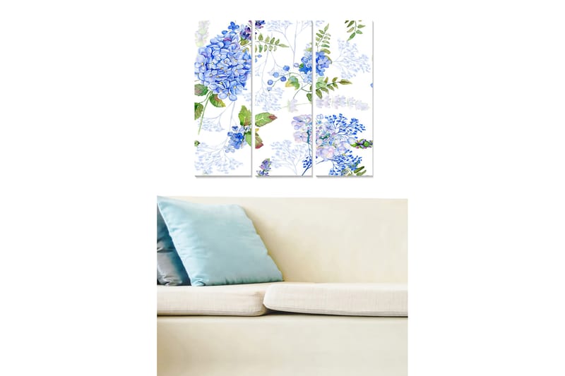 Canvastavla i trä 3-delar 50x70 cm - Blomsterarrangemang med blå hortensior och gröna blad - Blå / Grön - Inredning - Tavlor & konst - Canvastavlor