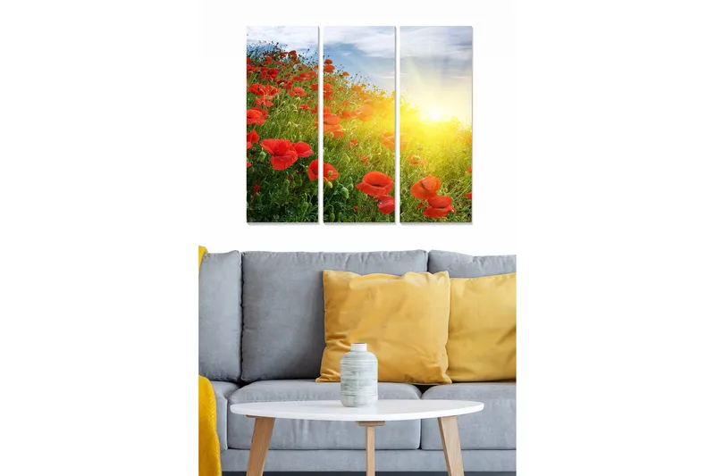Canvastavla i trä 3-delar 50x70 cm - Blomsterfält med röda vallmo i soluppgång, Röd / Grön / Gul