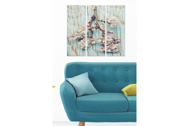 Canvastavla i trä 3-delar 50x70 cm - Blomstergren med rosa blommor mot en ljusblå bakgrund, Ljusblå / Rosa